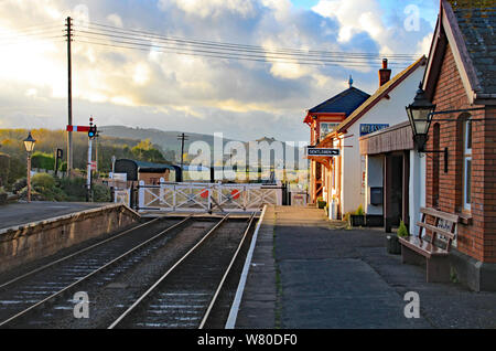 Level crossing by the station platform on the West Somerset heritage railway at Blue Anchor Stock Photo