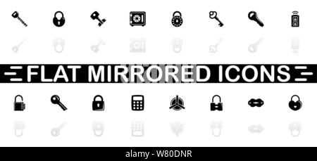 Keys and Locks icons - Black symbol on white background. Simple illustration. Flat Vector Icon. Mirror Reflection Shadow. Can be used in logo, web, mo Stock Vector