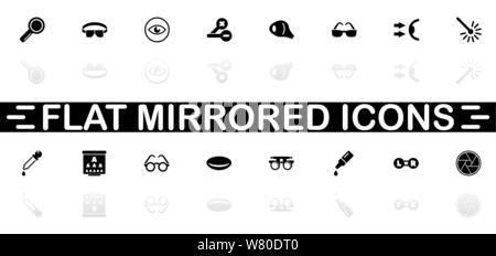 Optometry icons - Black symbol on white background. Simple illustration. Flat Vector Icon. Mirror Reflection Shadow. Can be used in logo, web, mobile Stock Vector