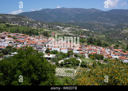 Cyprus, the quaint mountain village of Omodos (aka Omodhos) located in the Troödos Mountains. Scenic countryside view of Omodos. Stock Photo