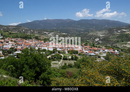 Cyprus, the quaint mountain village of Omodos (aka Omodhos) located in the Troödos Mountains. Scenic countryside view of Omodos. Stock Photo