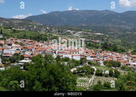 Cyprus, the quaint mountain village of Omodos (aka Omodhos) located in the Troödos Mountains. Scenic countryside view of Omodos. Stock Photo