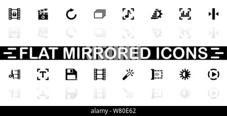 Video Editing icons - Black symbol on white background. Simple illustration. Flat Vector Icon. Mirror Reflection Shadow. Can be used in logo, web, mob Stock Vector