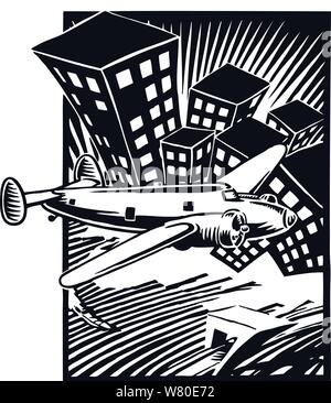 Vintage airplane flying over a bridge and shoreline in front of a city skyline Stock Vector