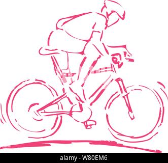 Line illustration of a biker wearing a helmet on a bicycle Stock Vector