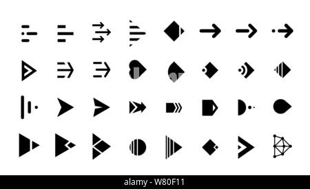 Swipe arrow right black button icon set. Application and social network scroll cursor pictogram for web design or app. Vector flat modern next direction pointer ui ux interface collection illustration Stock Vector