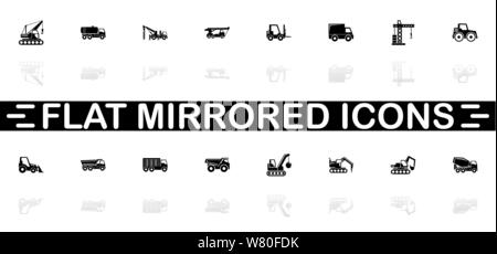 Construction Vehicles icons - Black symbol on white background. Simple illustration. Flat Vector Icon. Mirror Reflection Shadow. Can be used in logo, Stock Vector