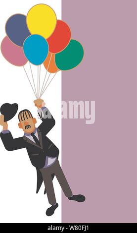Man flying with balloons raising his bowler hat in a salute or greeting. All on an invitation layout. Stock Vector