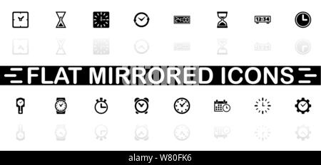 Time icons - Black symbol on white background. Simple illustration. Flat Vector Icon. Mirror Reflection Shadow. Can be used in logo, web, mobile and U Stock Vector