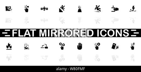 Warning Signs icons - Black symbol on white background. Simple illustration. Flat Vector Icon. Mirror Reflection Shadow. Can be used in logo, web, mob Stock Vector