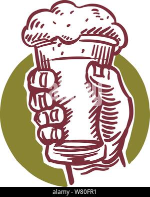 Vintage, graphic style hand lifting a foaming pint of beer. Lithographic or cut board style illustration Stock Vector