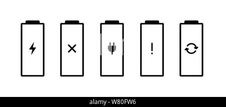 Battery charge indicator status icon set. Gadgets accumulator faulty broken needs charging error replace pictograms. Vector electric power recharge sign illustration Stock Vector