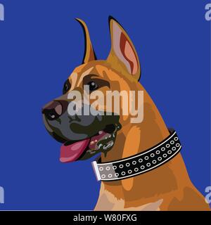Boxer breed dog sitting and panting wearing a large studded leather collar Stock Vector