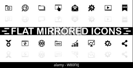 Seo icons - Black symbol on white background. Simple illustration. Flat Vector Icon. Mirror Reflection Shadow. Can be used in logo, web, mobile and UI Stock Vector