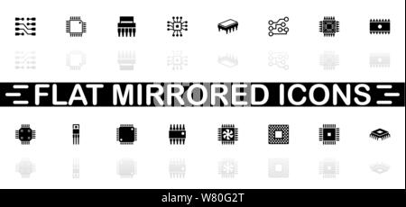 Computer Chips icons - Black symbol on white background. Simple illustration. Flat Vector Icon. Mirror Reflection Shadow. Can be used in logo, web, mo Stock Vector