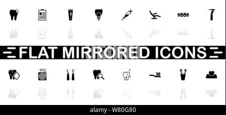 Dental icons - Black symbol on white background. Simple illustration. Flat Vector Icon. Mirror Reflection Shadow. Can be used in logo, web, mobile and Stock Vector