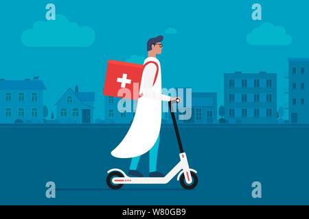 Medicine delivery pharmacy. Young male doctor in uniform riding electric scooter with medical surgical sanitary box first aid on cityscape street. Vector future emergency care illustration Stock Vector
