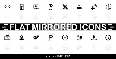 Satelite icons - Black symbol on white background. Simple illustration. Flat Vector Icon. Mirror Reflection Shadow. Can be used in logo, web, mobile a Stock Vector