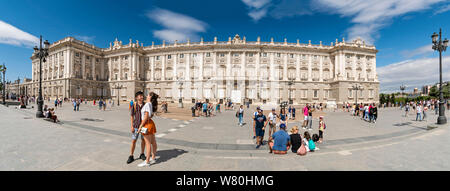 Horizontal panoramic view of the Royal Palace in Madrid. Stock Photo