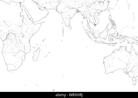 World Map of INDIAN OCEAN: Arabian Sea, Bengal Bay, Sri-Lanka, The Maldives, The Seychelles, Ceylon, India, Africa, Australia, Indonesia, Madagascar. Stock Photo