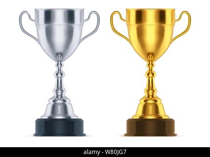 Isolated 3d silver and golden cups or set of realistic trophy for first and second place. Victory goblet and runner-up prize. Gray and gold bowl for s Stock Vector