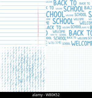 School notebook vertical paper sheet pattern set. Words Welcome Back to School seamless pattern. Background template. Texture notebook. Vector Stock Vector