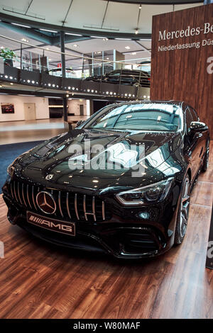 Germany, Dusseldorf July 17, 2019: The new modern Mercedes-Benz AMG GT 53 4MATIC+ in the  Mercedes-Benz dealership in Dusseldorf Stock Photo