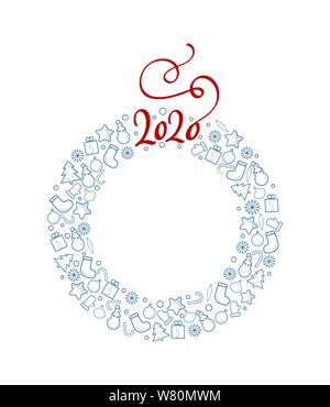 Christmas celebration illustration with new year and christmas symbols and 2020. Xmas wreath with place for text. flyer made in trendy monoline style Stock Vector