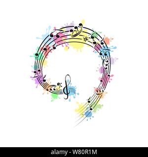 Musical notes on the musical lines on the background of colored blots, flat design Stock Vector
