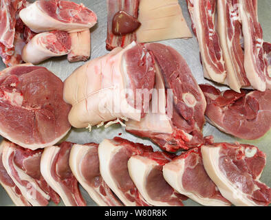 cuts of beef on a butcher's table Stock Photo