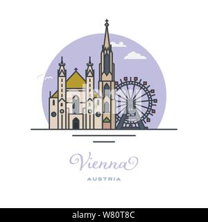 Saint Stephens Cathedral and Prater ferris wheel, Vienna, flat vector illustration. Tourism and travel icon. Stock Vector