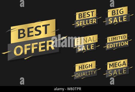 Golden Best offer labels. Best offer, best sale, best seller, final sale, high quality, mega sale, limited edition, big sale labels Stock Vector