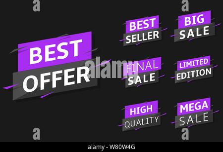 Best offer labels. Best offer, best sale, best seller, final sale, high quality, mega sale, limited edition, big sale labels Stock Vector