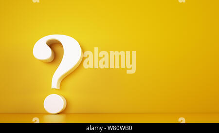 Big white question mark on a yellow background. 3D Rendering Stock Photo