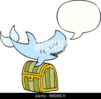 cartoon shark swimming over treasure chest with speech bubble Stock Vector