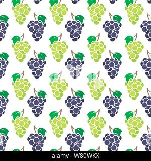 Seamless background pattern with blue and green grapes. Autumnal backdrop. Fresh fruit vector illustration. Stock Vector