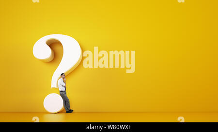 Man leaning on a big white question mark on a yellow background. 3D Rendering Stock Photo