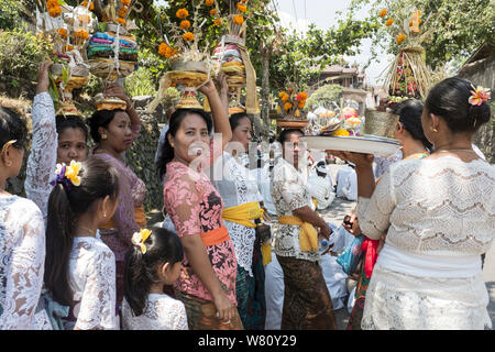 Villagers take part in a ceremony during the full moon in Sidemen, Bali, Indonesia. Stock Photo