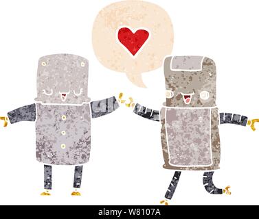 cartoon robots in love with speech bubble in grunge distressed retro textured style Stock Vector