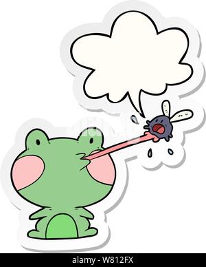 cute cartoon frog catching fly with tongue with speech bubble sticker Stock Vector