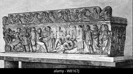 A Roman sarcophagus was a box-like funeral receptacle for a corpse, most commonly carved in stone although sometimes metal or plaster was used. Usually displayed above ground, most Roman examples were designed to be placed against a wall and are decorated on three of the sides only. Some were also buried. They were  often elaborately carved, until the early Christian burial preference for interment underground, often in a limestone sepulchre, led to their falling out of favor. Stock Photo