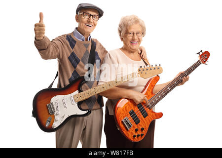 Senior man and woman with electric guitars isolated on white background Stock Photo