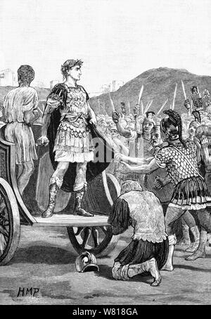 Julius Caesar addressing the malcontent legions in the Campus Martius.  Julius Caesar had just returned from crushing the followers of his great rival, Pompey the Great.  The people of Rome threw a party in 46 BCE that featured a naval battle on a man-made lake built in the Campus Martius filled with water from the nearby Tiber River.  There, two fleets of biremes, triremes, and quadriremes with 4,000 galley slaves and 2,000 crew members on board clashed in a full-scale reconstruction of a naval battle known as the naumachia—from the Greek word for naval battle. Stock Photo