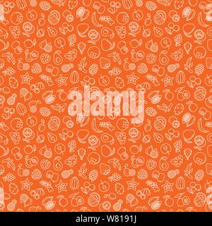 Seamless vector wallpaper with various fruits icons. White outlined symbols on tangerine background. Food illustration. Stock Vector