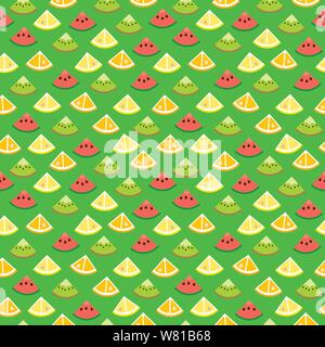 Seamless wallpaper pattern with fruit slices of kiwi, watermelon, orange and lemon on green background. Healthy food vector illustration. Stock Vector