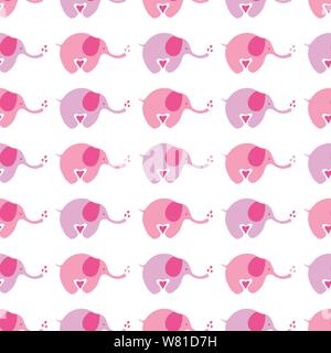 Seamless repeat pattern of baby elephants and hearts in pink and white. Happy animal geometric vector design ideal for children. Stock Vector