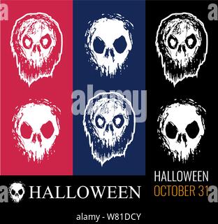 Vector set of illustrations for Halloween, creepy zombie head, skull white color on red, dark blue and black isolated. Excellent illustrations for pri Stock Vector