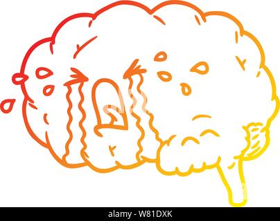 warm gradient line drawing of a cartoon brain crying Stock Vector
