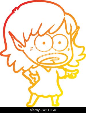 warm gradient line drawing of a cartoon shocked elf girl pointing Stock Vector