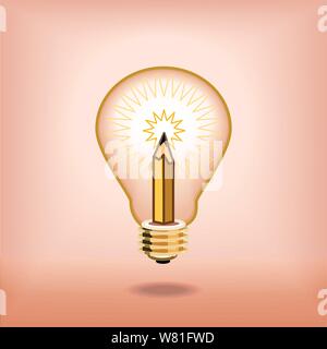 Shining pencil inside a light bulb illustrating  bright, & creative Stock Vector
